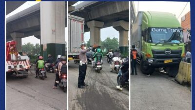 Truk Tabrak Separator di Jl Raya Bekasi, Lalin Macet Total!