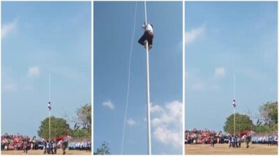 Siswa SD Lampung Berani, Panjat Tiang Bendera Saat Upacara HUT RI!