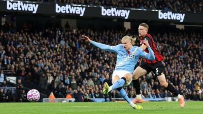 **Haaland’s Brace Propels Man City to 2-1 Lead Over Bournemouth in First Half**